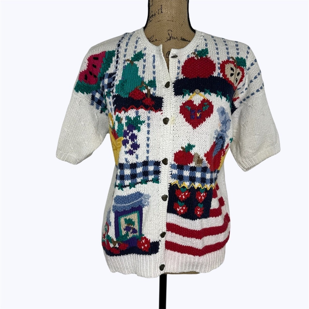 Signatures Northern Isles Hand Knit Sweater White Fruit Americana Vtg 90s Sz L